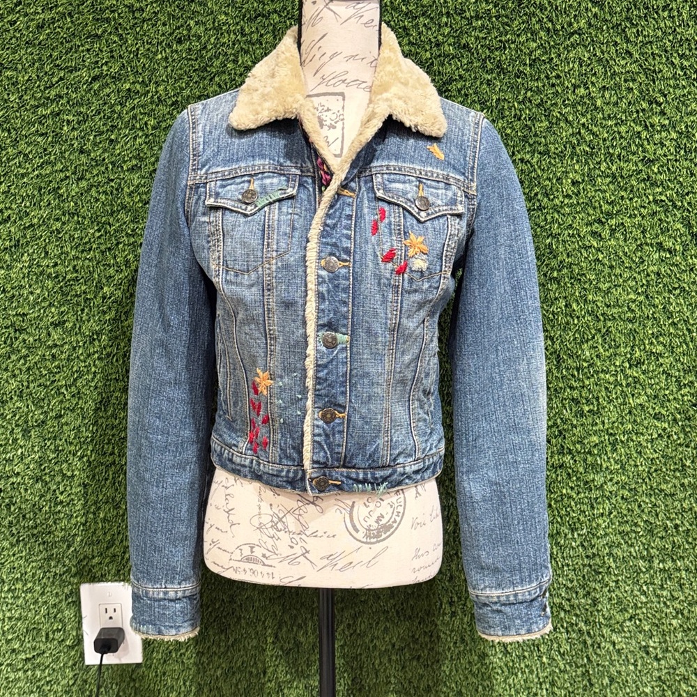 Free People Blue Denim Sherpa Jean Jacket Embroidered Quilted XS